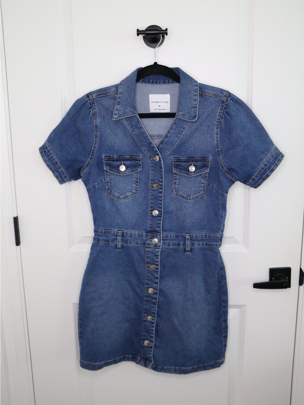 Celebrity Pink Blue Denim Button-Down Mini Dress